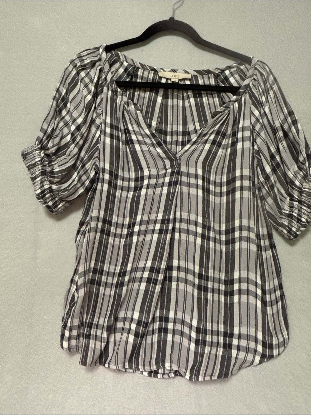 LOFT Black and White Plaid Peasant Top